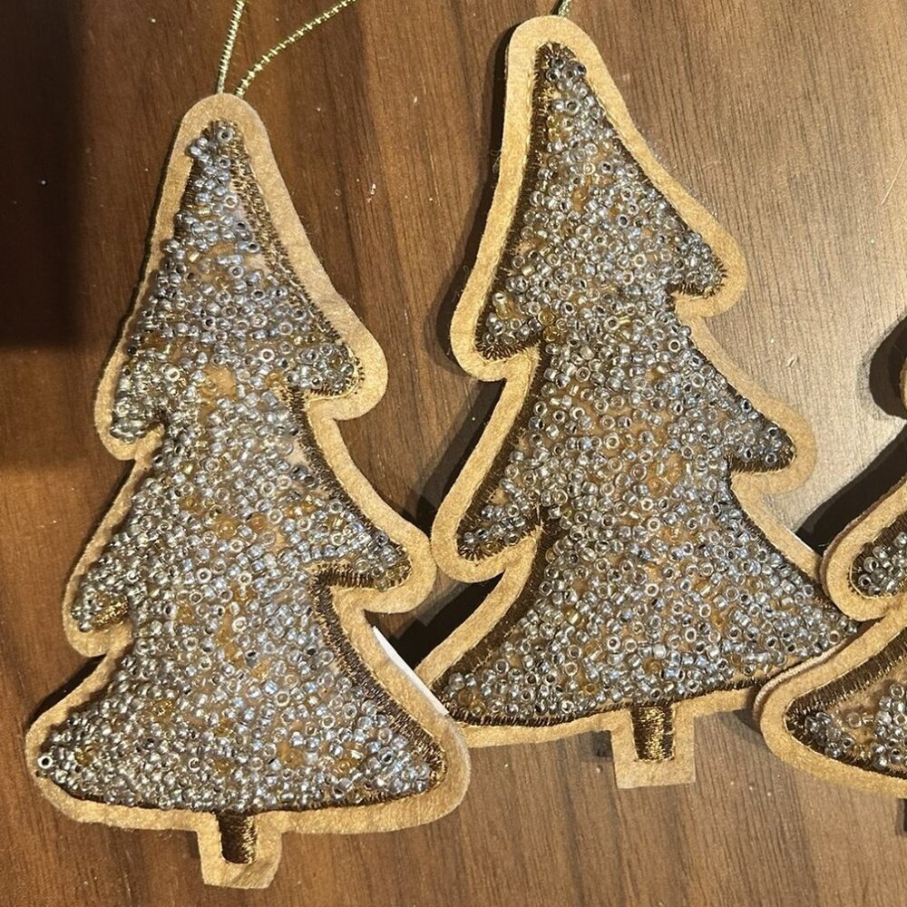 Set of 3 - Gold Beaded and Shimmery Christmas Tree Ornaments